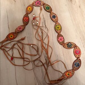 1960’s Hippie Floral Tooled Leather Tie Belt - Multicolor Flowers